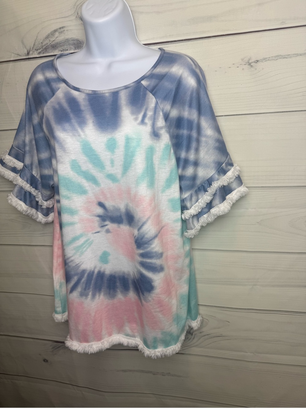 Soft Tie-Dye Short Sleeve Fringe Top - Pastel Blue, Pink & Mint - Picture 6 of 9